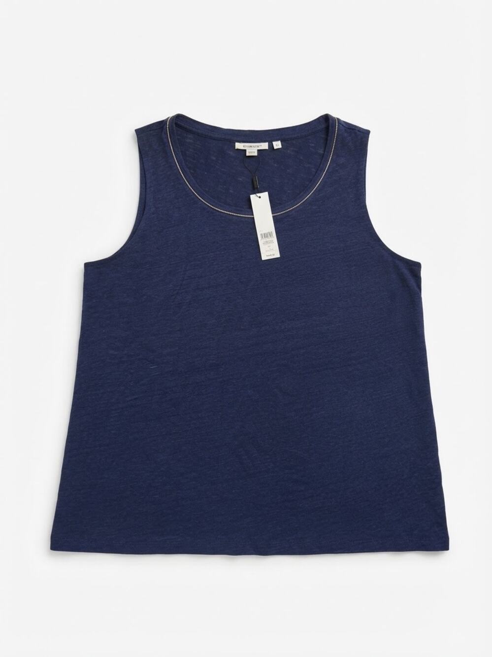 CHICO'S Passport Blue Linen Tank Top Women Size 2 Large Coastal Chic Nautical